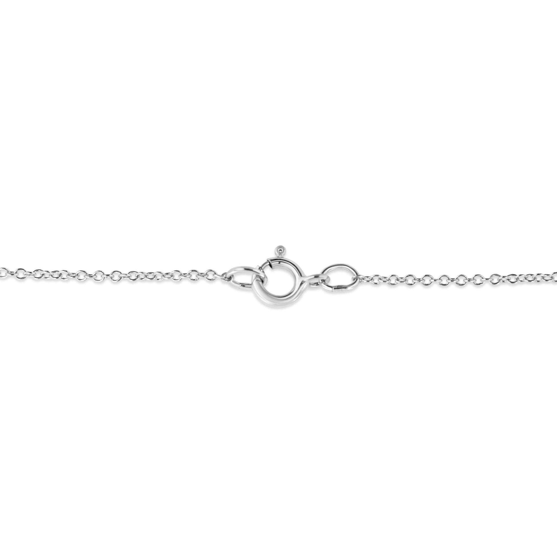 Close-up front angle of a white metal necklace chain with a spring ring clasp, no gemstones visible.
