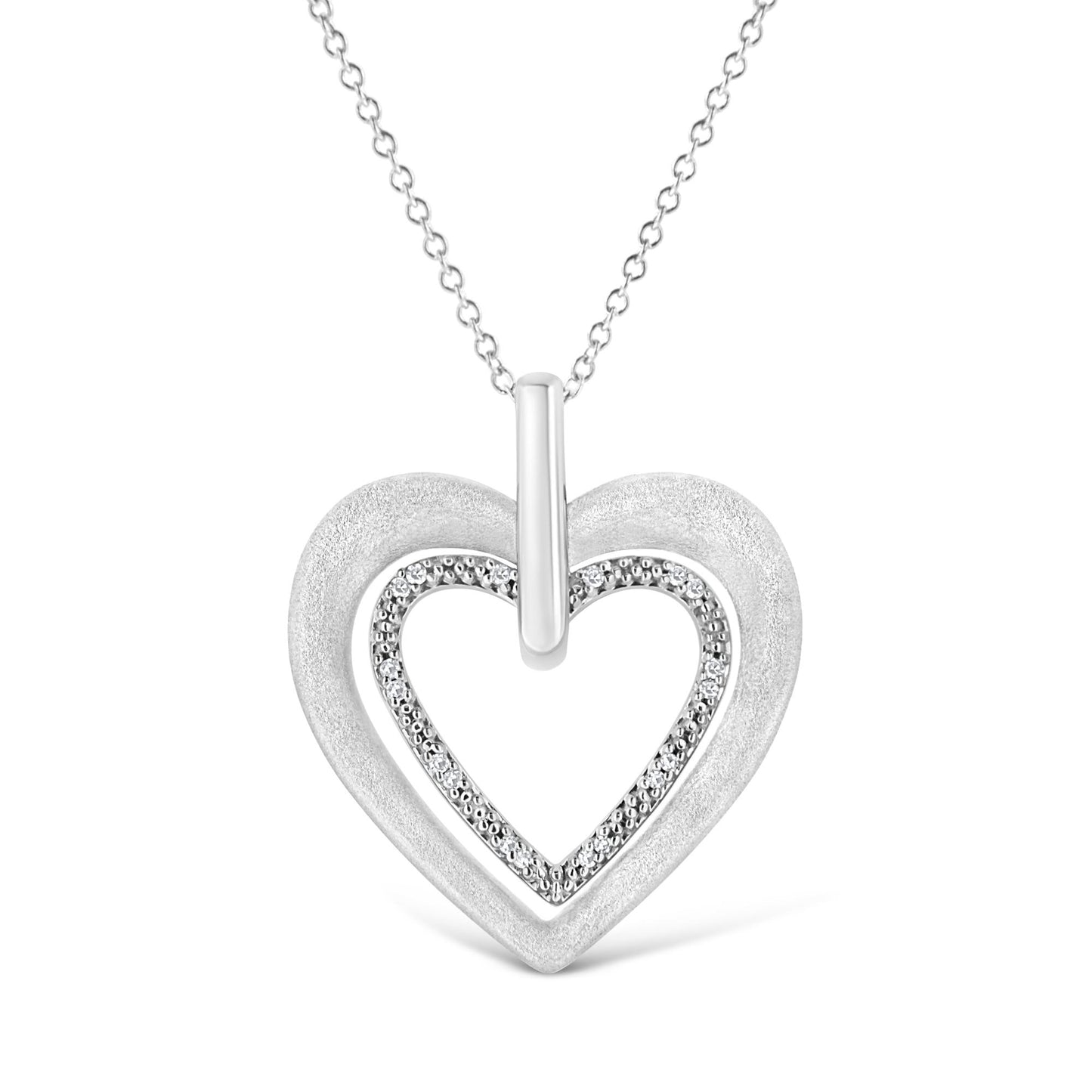 Front view of white metal heart-shaped necklace pendant with inner heart outlined by round white gemstones in prong settings.