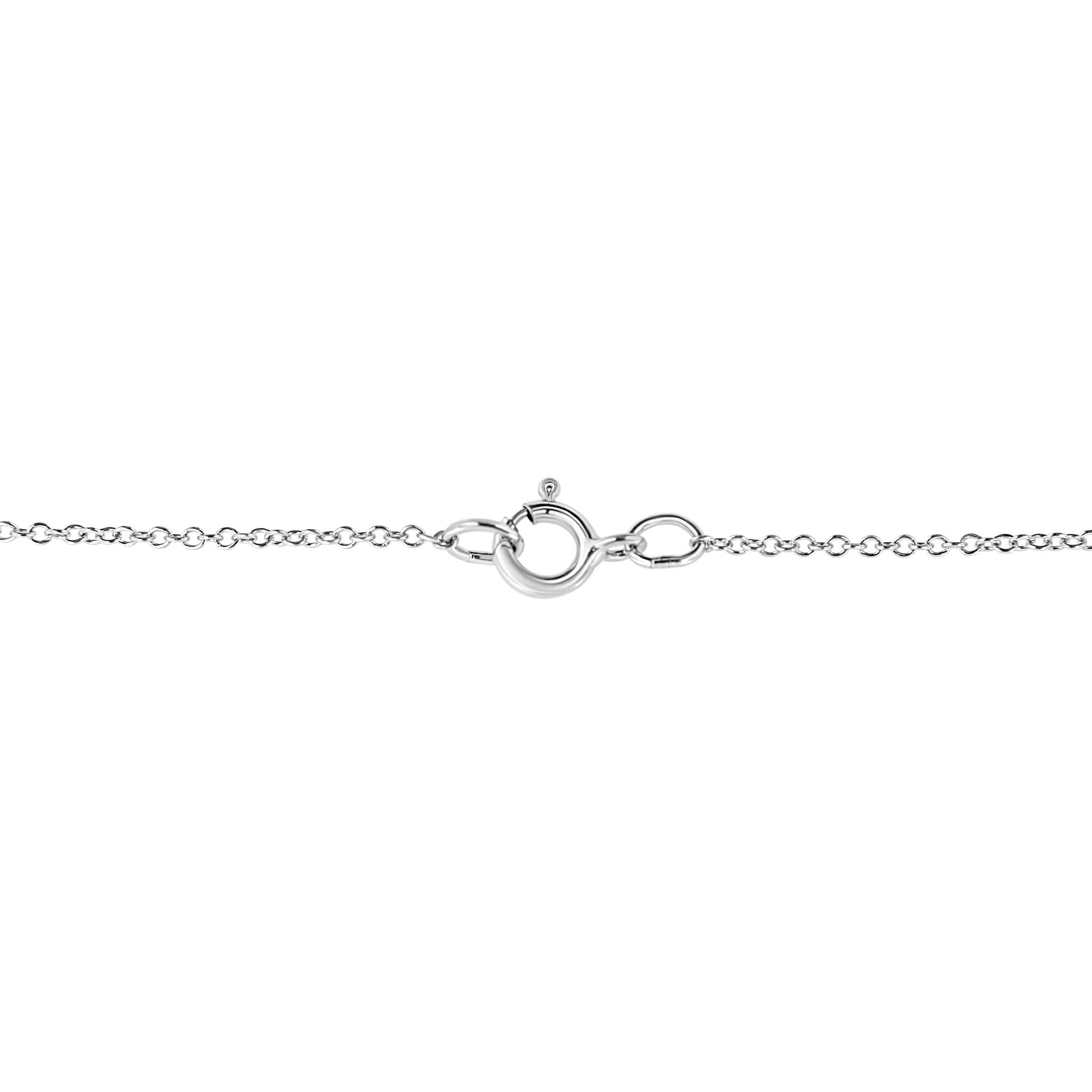 Close-up front view of a white metal necklace chain with a spring ring clasp.