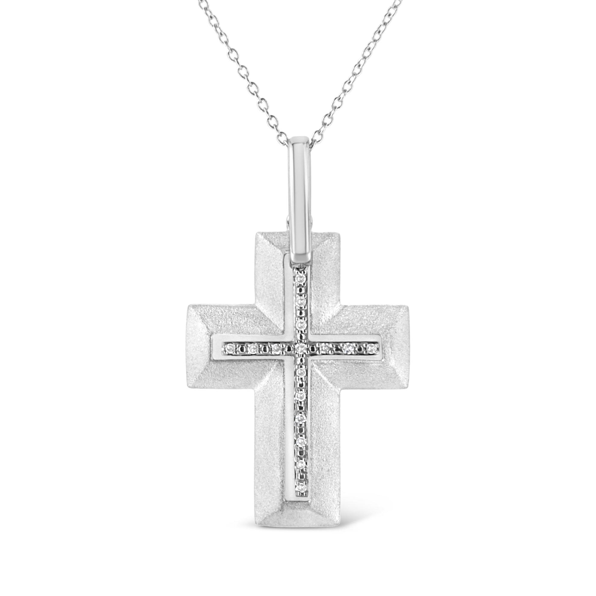 Front view of a white metal cross necklace pendant with a chain, featuring a cross of small white gemstones set in prongs in the center.