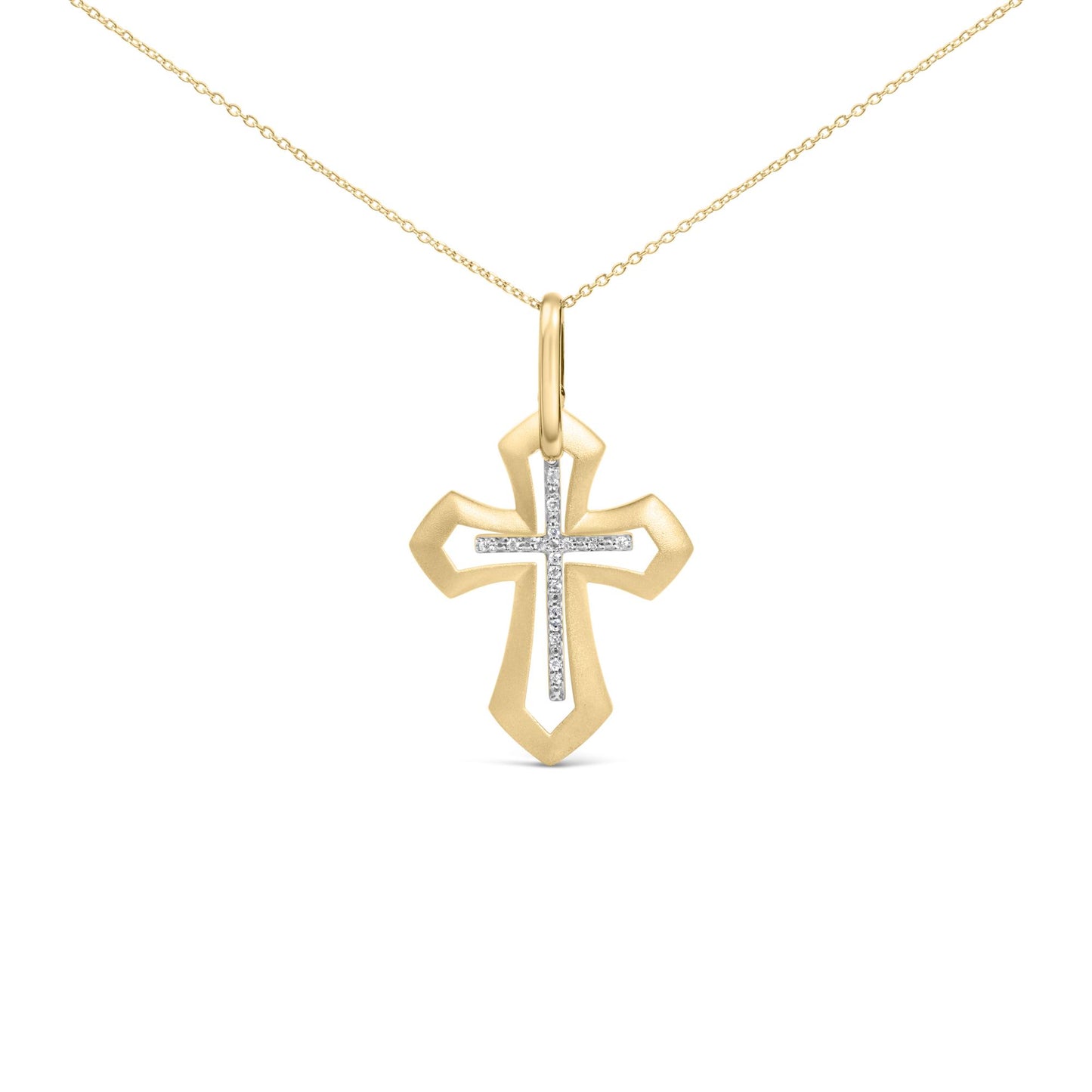 Front close-up of gold vermeil Roman cross pendant necklace showcasing diamond-accent inner cross and polished beveled edges on a white background