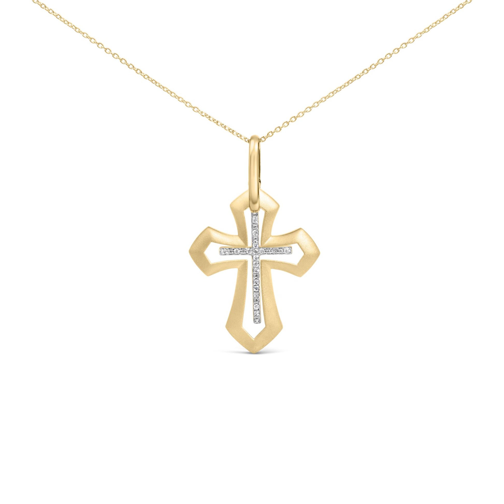 Front close-up of gold vermeil Roman cross pendant necklace showcasing diamond-accent inner cross and polished beveled edges on a white background