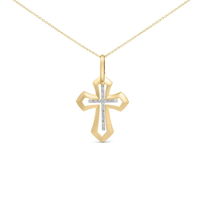 Front close-up of gold vermeil Roman cross pendant necklace showcasing diamond-accent inner cross and polished beveled edges on a white background