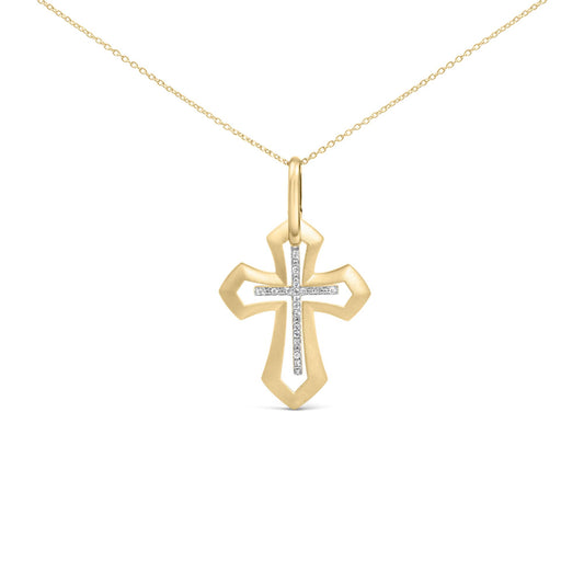 Front close-up of gold vermeil Roman cross pendant necklace showcasing diamond-accent inner cross and polished beveled edges on a white background