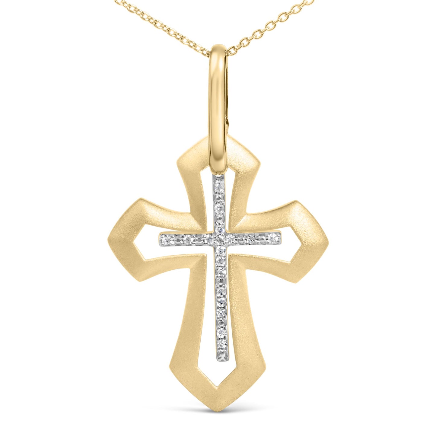 Close-up front view of a yellow metal necklace with a cross-shaped pendant featuring a white gemstone cross in the center set with prong settings.