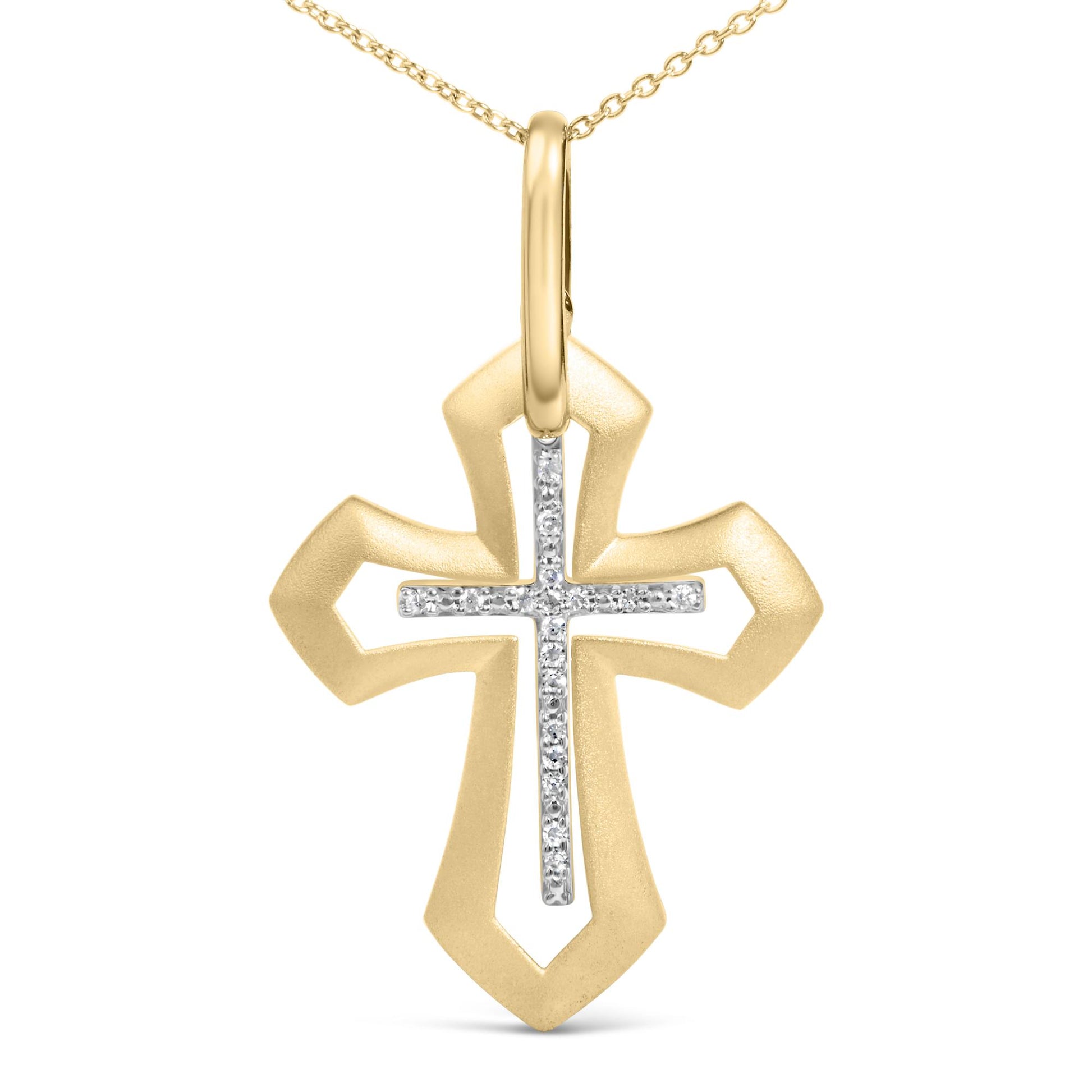 Close-up front view of a yellow metal necklace with a cross-shaped pendant featuring a white gemstone cross in the center set with prong settings.
