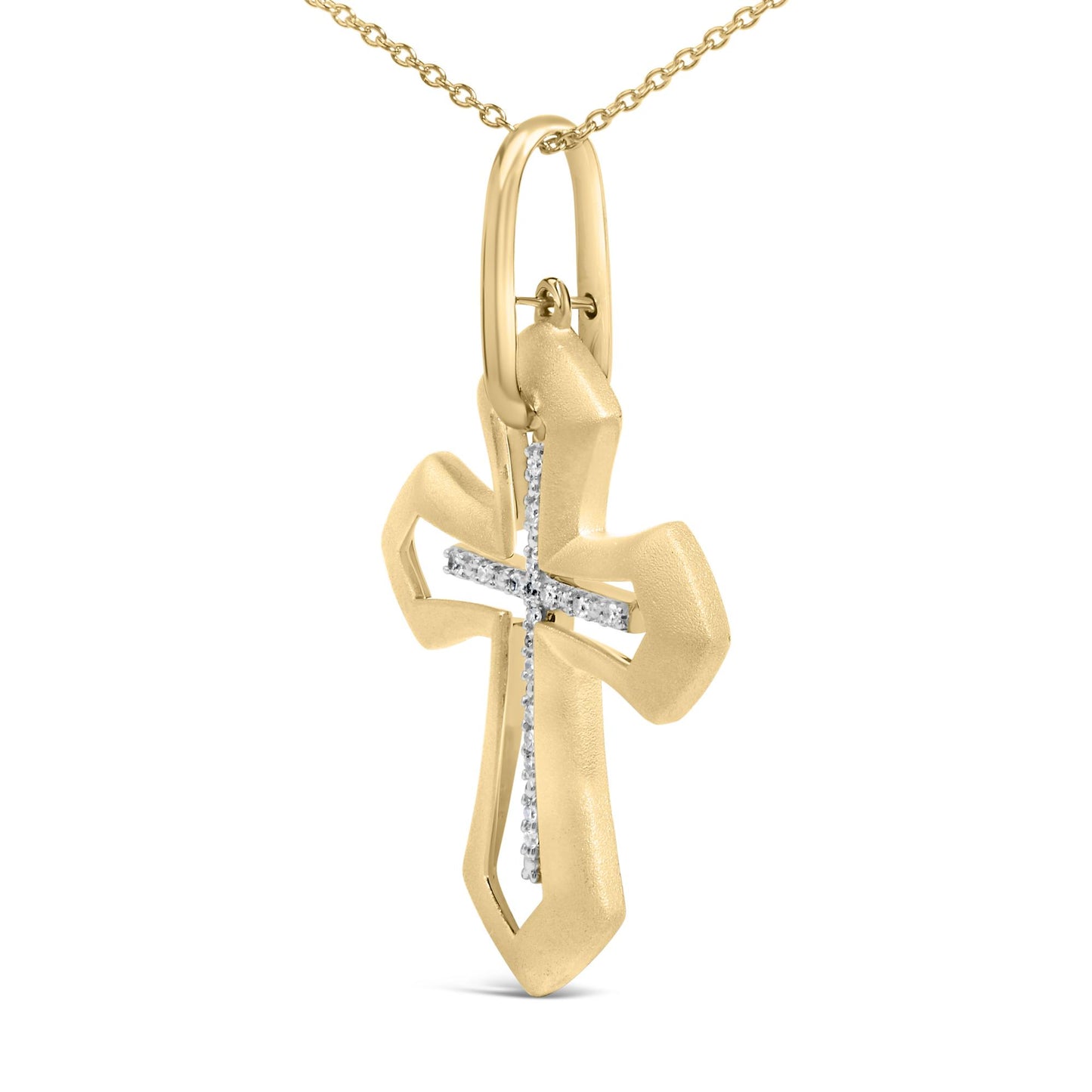 Close-up front view of gold vermeil Roman cross pendant necklace showcasing diamond accent cross set in prong settings with white background