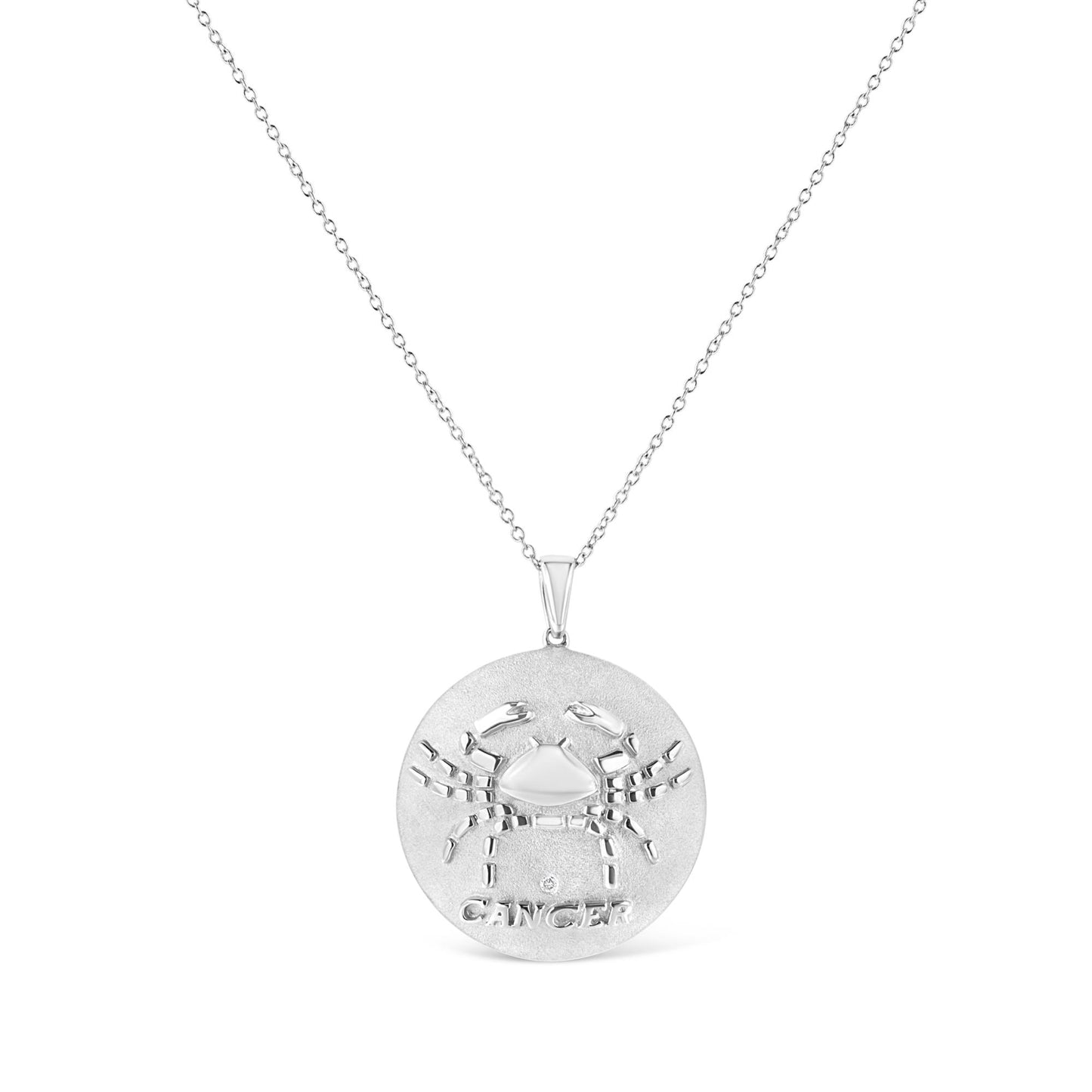 Front view of white metal necklace with round bezel-set brownish gemstone, featuring a crab design and the word 'CANCER' on a circular pendant.