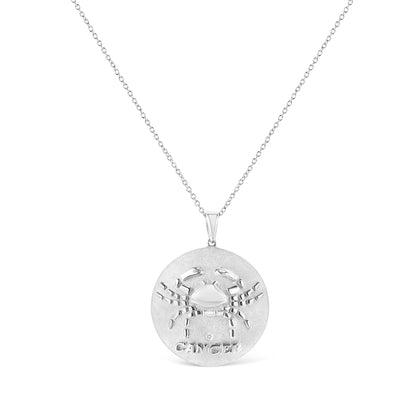Front view of white metal necklace with round bezel-set brownish gemstone, featuring a crab design and the word 'CANCER' on a circular pendant.