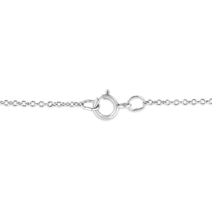 Close-up front view of a white metal necklace clasp with attached chain links.
