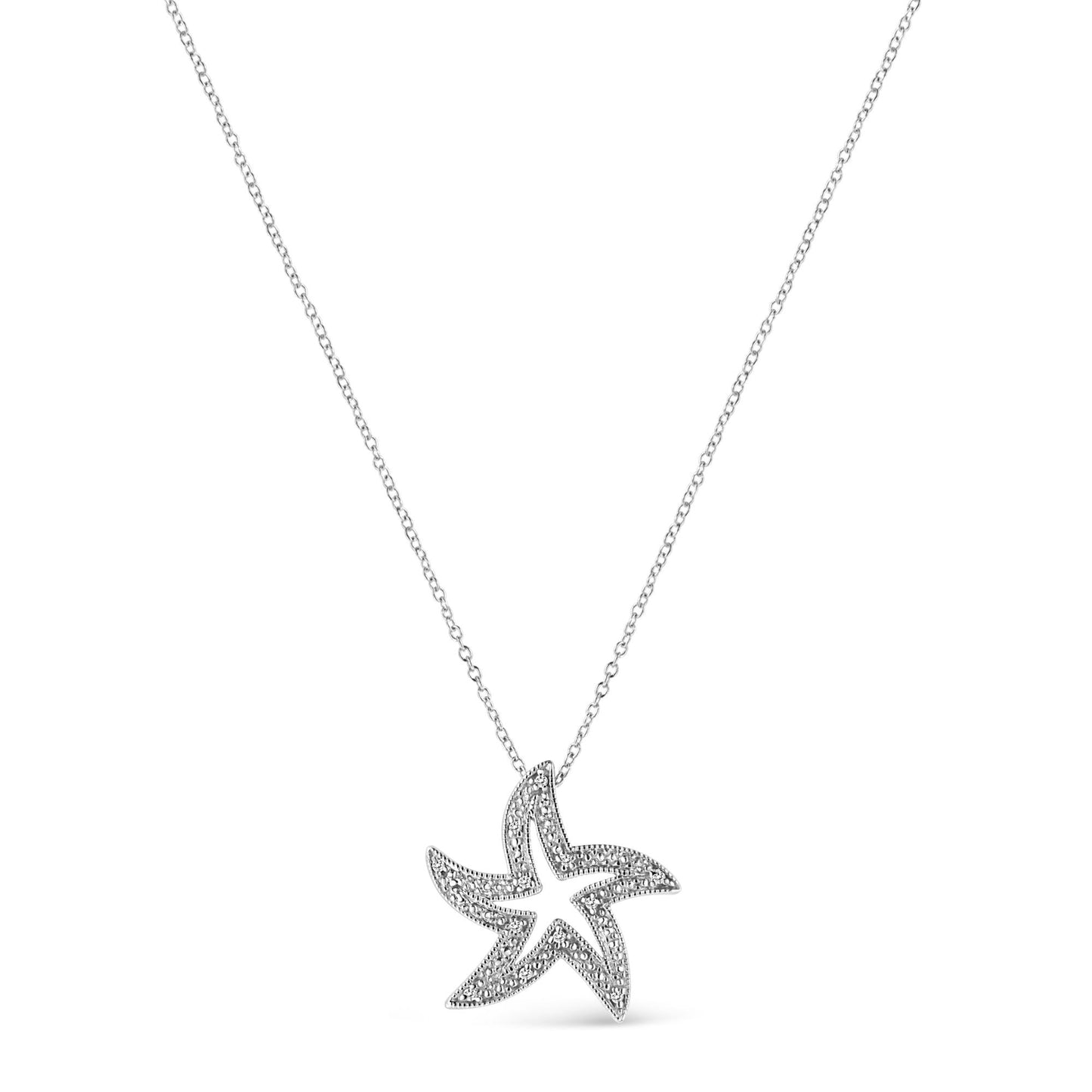 White metal necklace with a starfish-shaped pendant adorned with round white gemstones in prong settings, shown from the front on a white background.