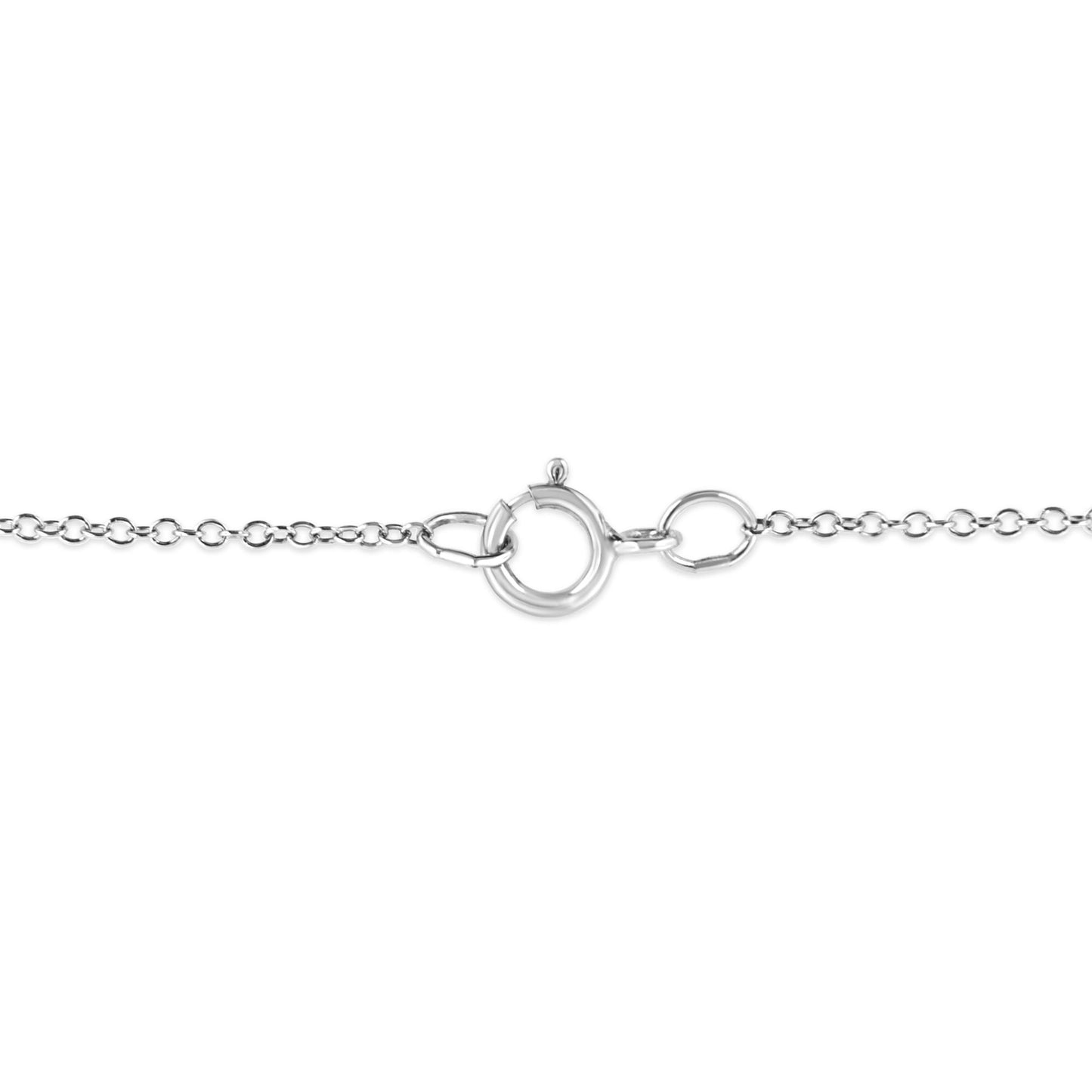 Close-up front view of a white metal necklace chain with a round clasp closure.