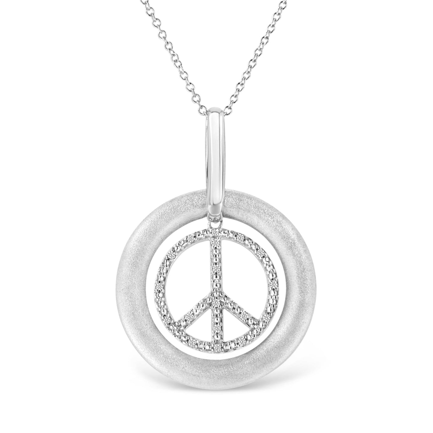 Front-facing shot of a white metal necklace with a pendant featuring a smooth circular outer ring and an inner peace symbol adorned with round white gemstones in prong settings.
