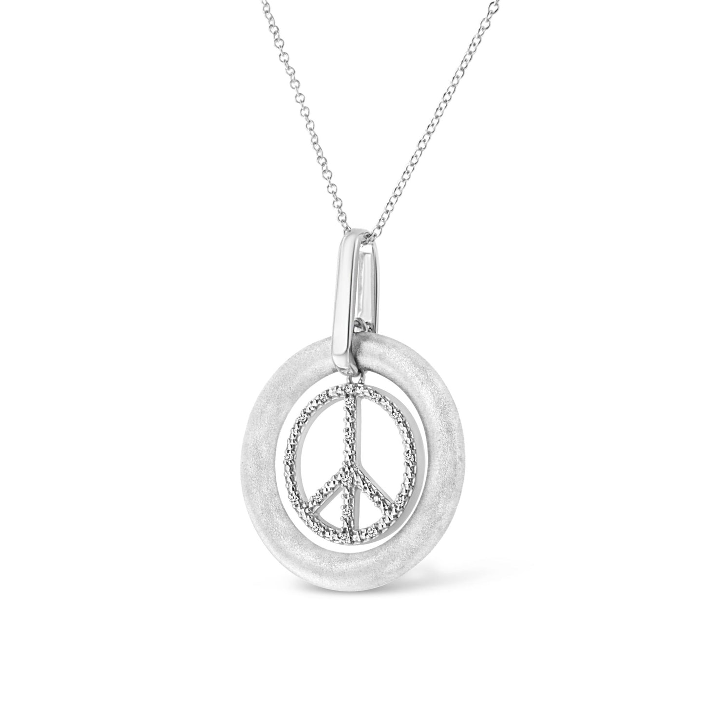 White metal necklace with a round textured outer circle pendant and inner peace symbol adorned with small white round prong-set gemstones, front view.