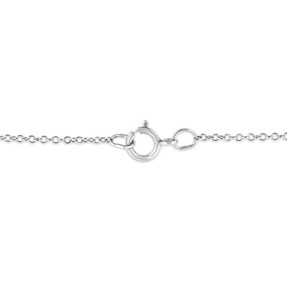 Close-up of white metal necklace clasp and chain shown from front angle.