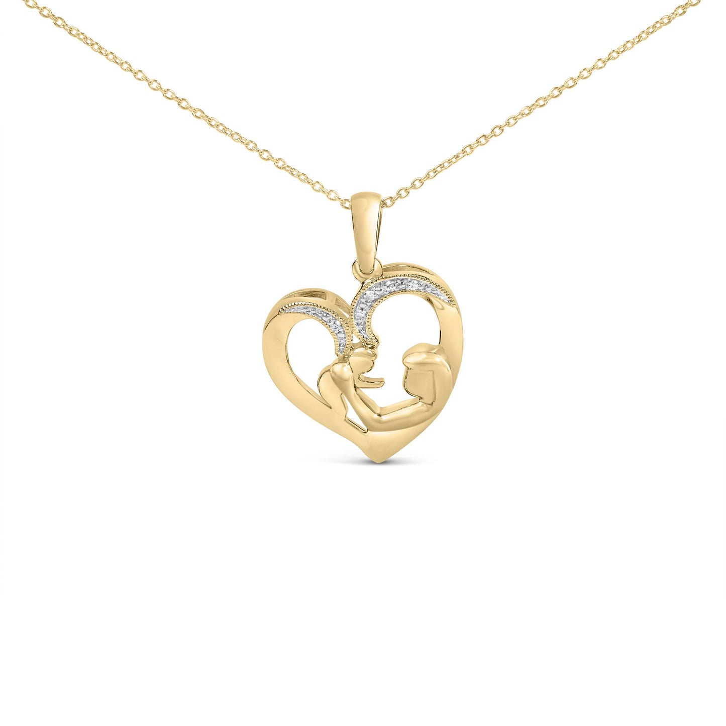 Close-up front angle of a yellow necklace pendant featuring a heart shape with two figures inside, accented with a pave setting of white round gemstones on the upper curves.