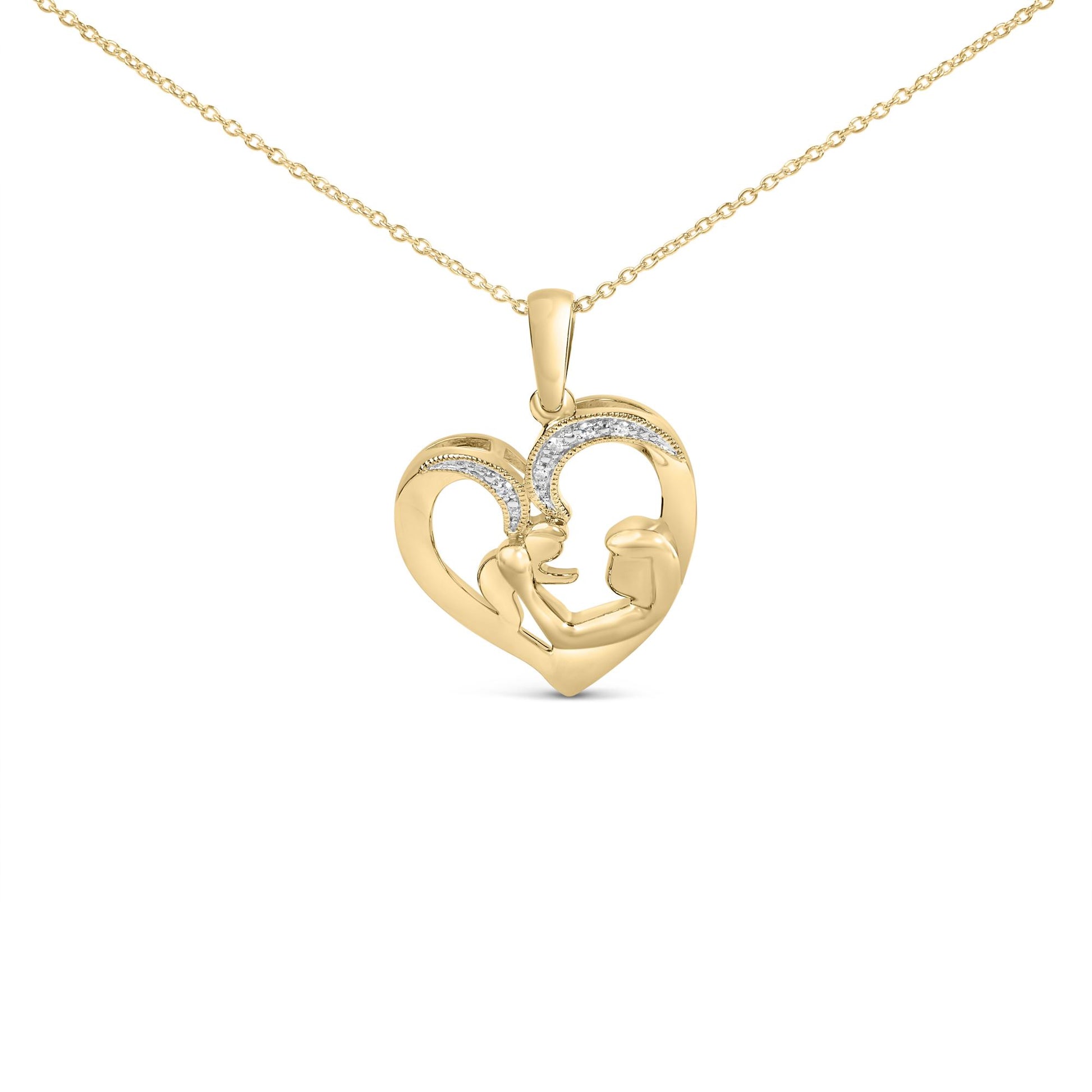 Close-up front angle of a yellow necklace pendant featuring a heart shape with two figures inside, accented with a pave setting of white round gemstones on the upper curves.