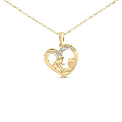 Close-up front angle of a yellow necklace pendant featuring a heart shape with two figures inside, accented with a pave setting of white round gemstones on the upper curves.