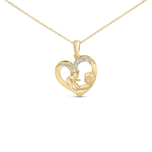 Close-up front angle of a yellow necklace pendant featuring a heart shape with two figures inside, accented with a pave setting of white round gemstones on the upper curves.