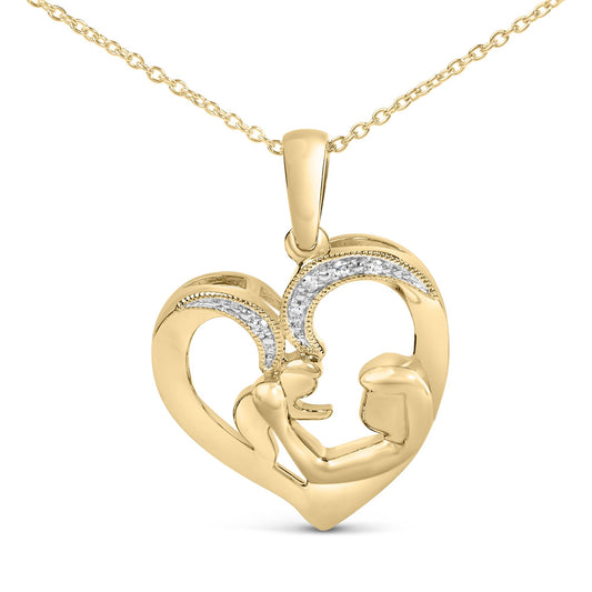 Close-up front angle of a yellow metal heart-shaped necklace pendant featuring an abstract design of two figures facing each other, accented with a curved row of small white gemstones in a pave setting.