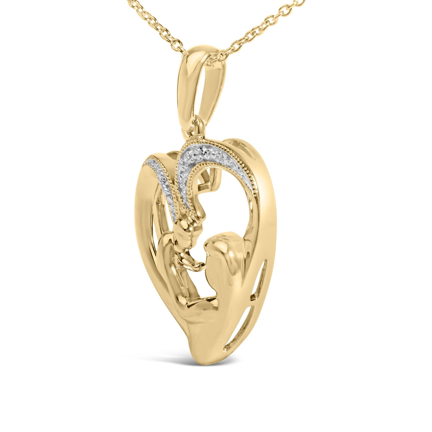 Close-up front angle of a yellow metal necklace pendant with a heart shape, featuring curved accents adorned with small white gemstones in a pave setting.