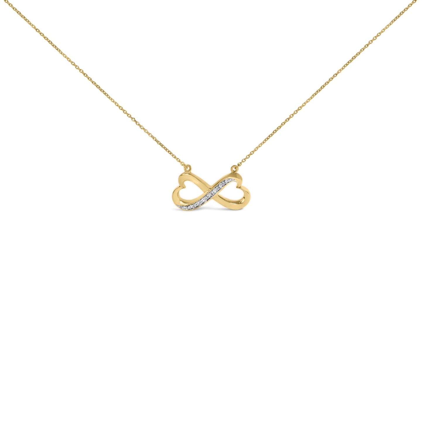 Close-up front view of a yellow necklace with an infinity pendant featuring a diagonal line of white gemstones in pave setting.