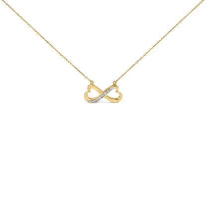 Close-up front view of a yellow necklace with an infinity pendant featuring a diagonal line of white gemstones in pave setting.