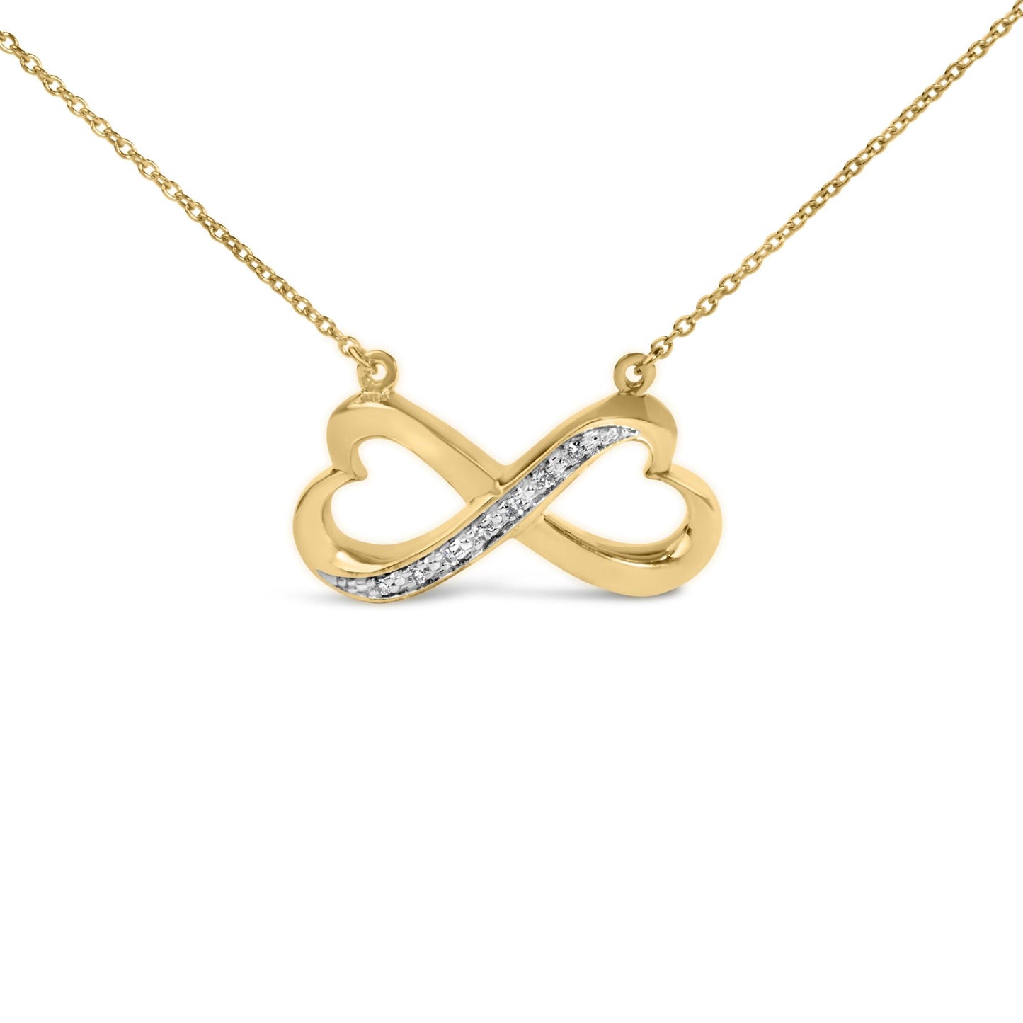 Close-up front view of a yellow necklace with an infinity-shaped pendant featuring a pave setting of white round gemstones along one curve, shown on a white background.