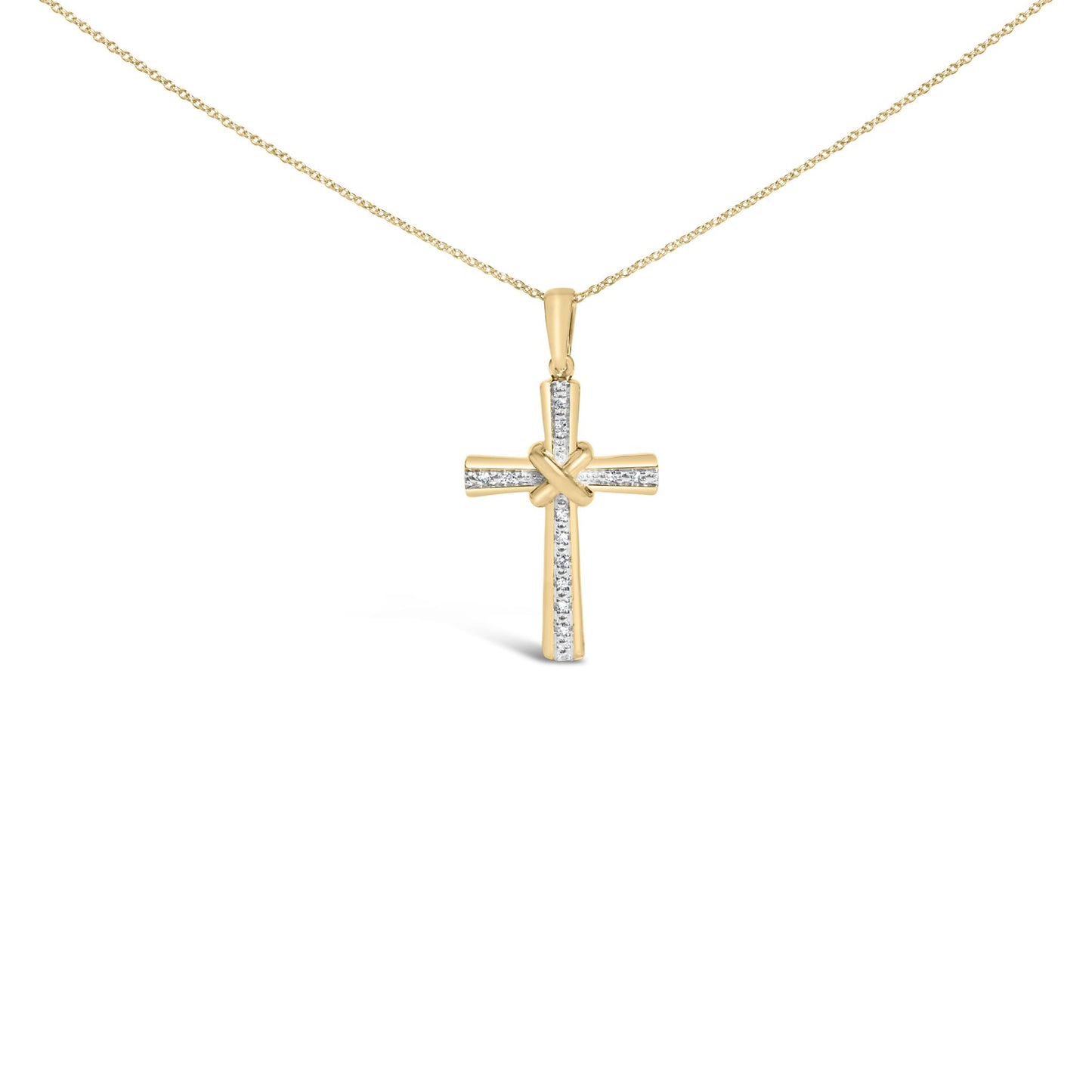Front angle of a yellow necklace pendant in the shape of a cross with a knot detail in the center, featuring white round gemstones in a pave setting along the cross bars.