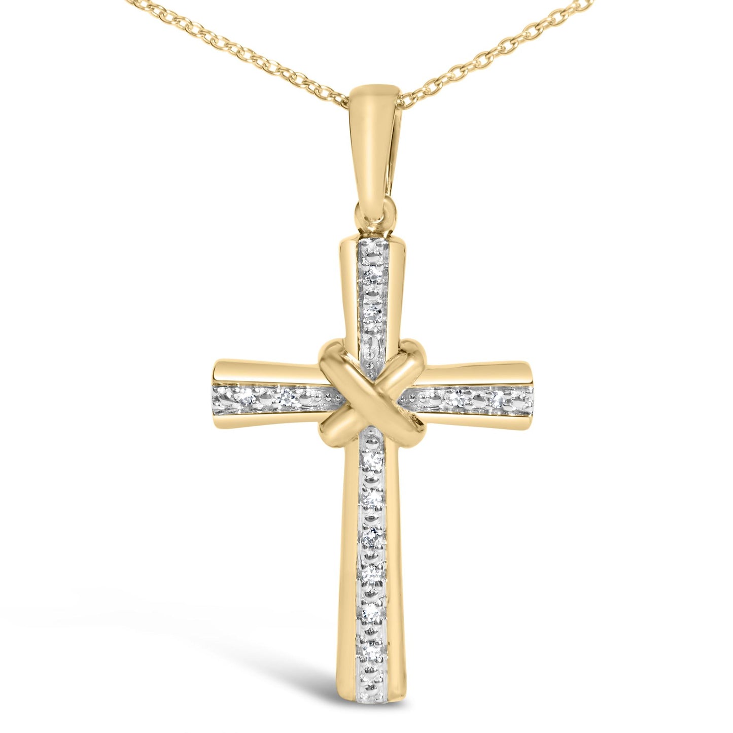 Close-up front view of a yellow metal cross necklace pendant with a knot at the center and white gemstones set in a vertical and horizontal line, shown on a white background.