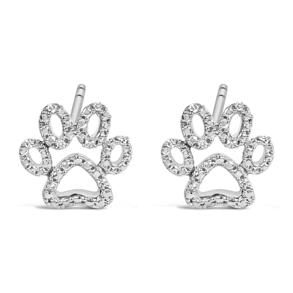 Close-up front view of a pair of white metal stud earrings shaped like paw prints, each outlined with multiple small round white gemstones in prong settings.