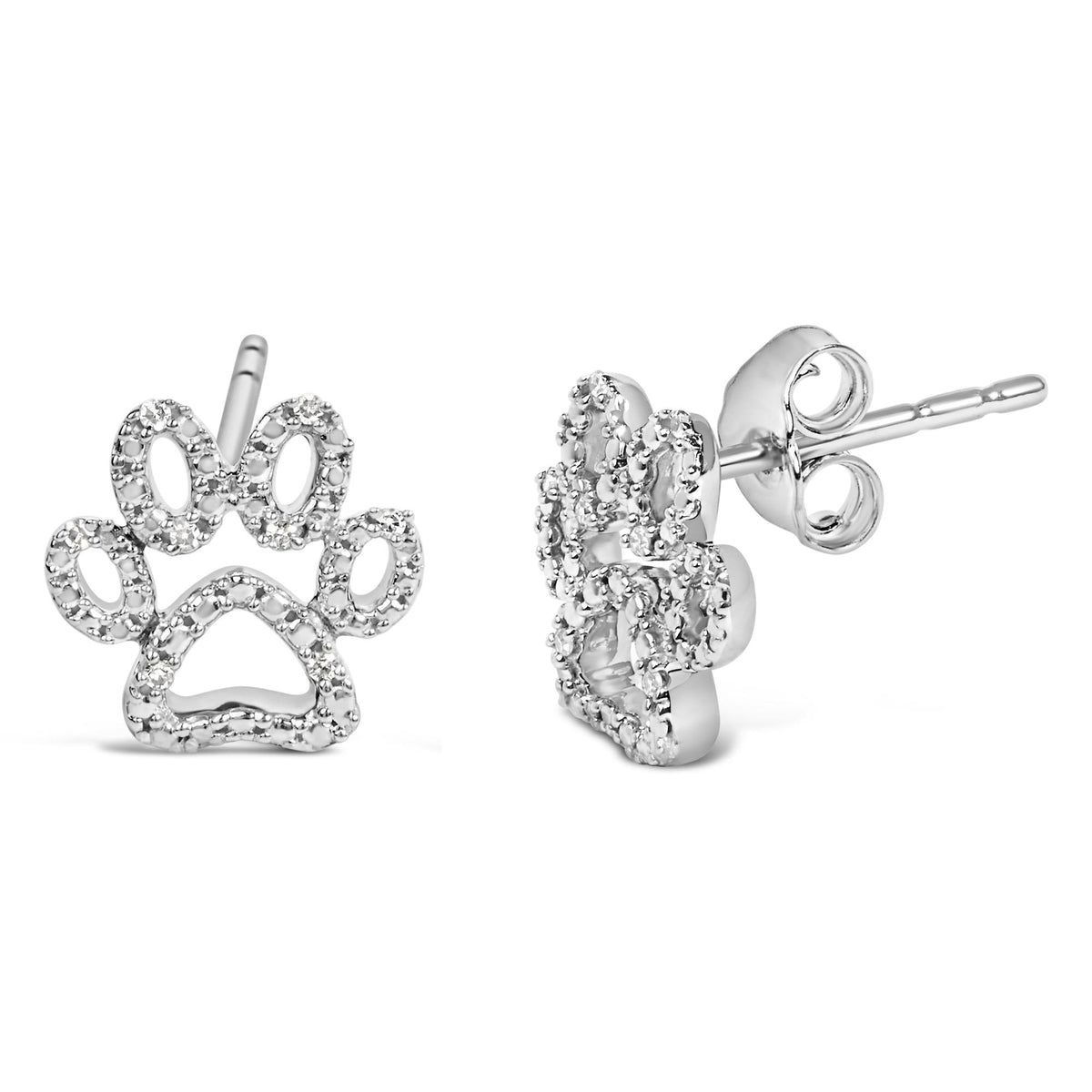 Close-up front and side angle of white metal stud earrings shaped like a paw print, each outlined with small white gemstones in prong settings.