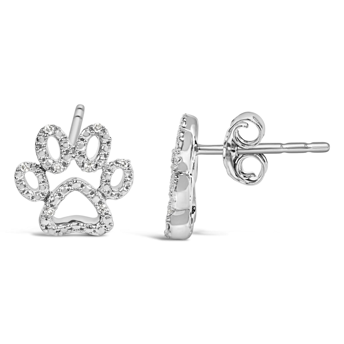 Close-up front and side view of white metal stud earrings shaped like a paw print, adorned with multiple round white gemstones in prong settings.