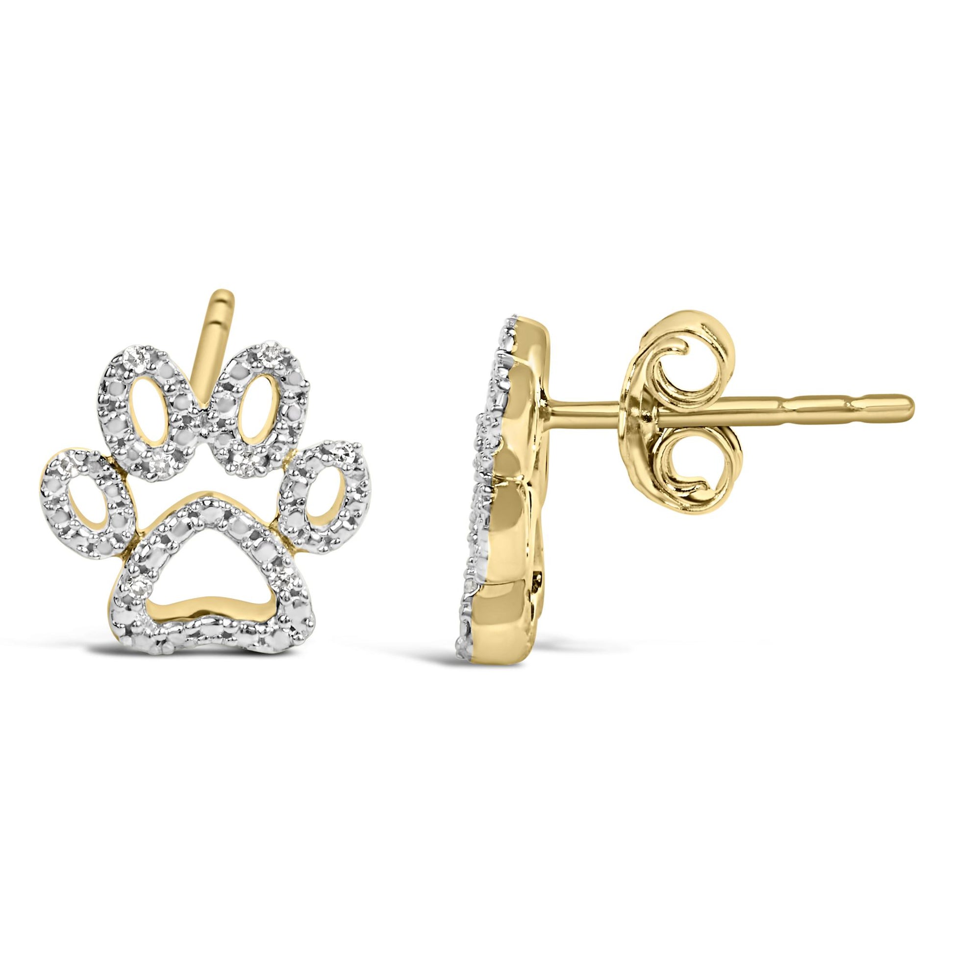 Close-up front and side view of yellow metal earrings shaped like an outlined paw print adorned with small white gemstones, shown on a white background.