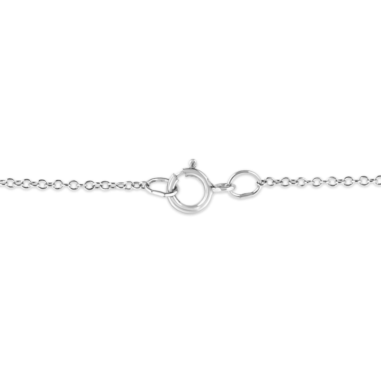 Close-up front view of a white metal necklace chain with a round bezel-set brownish gemstone on the clasp.