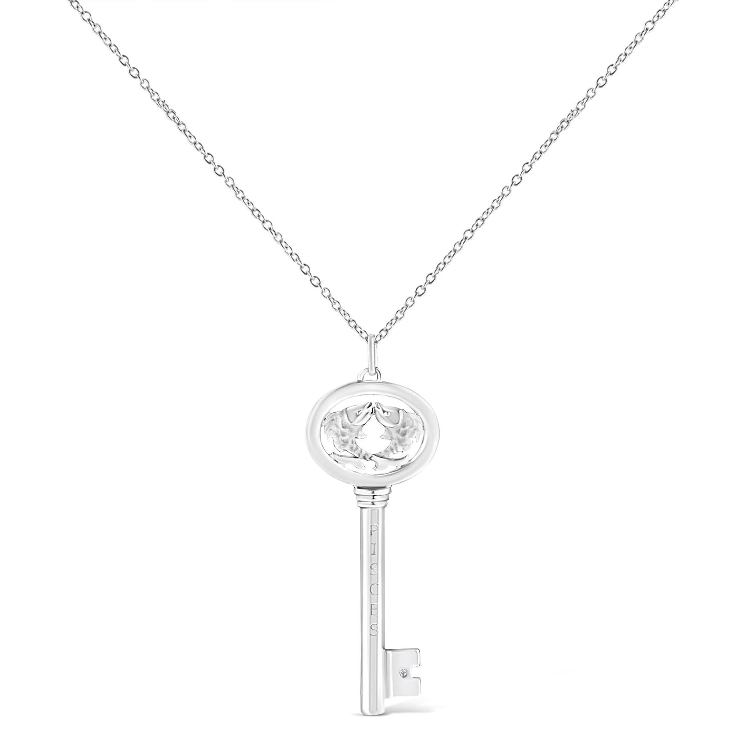 White metal necklace with a key-shaped pendant featuring two fish and a small round brownish gemstone in bezel setting, shown in a front-facing angle.