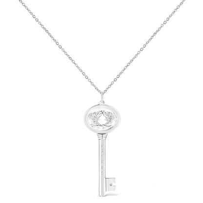 White metal necklace with a key-shaped pendant featuring two fish and a small round brownish gemstone in bezel setting, shown in a front-facing angle.