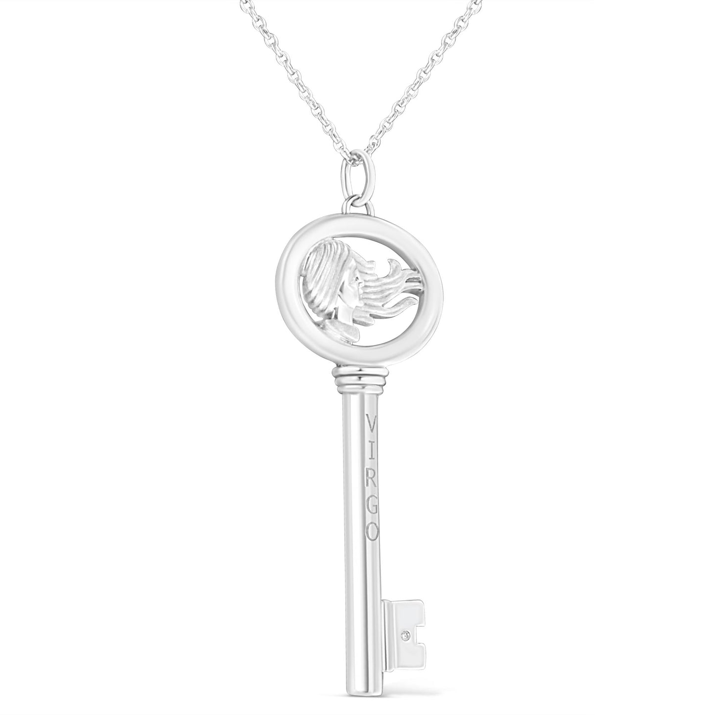 Front view of a white key-shaped necklace pendant with an engraved female profile and the word 'VIRGO,' featuring a round brownish gemstone in bezel setting near the bottom.