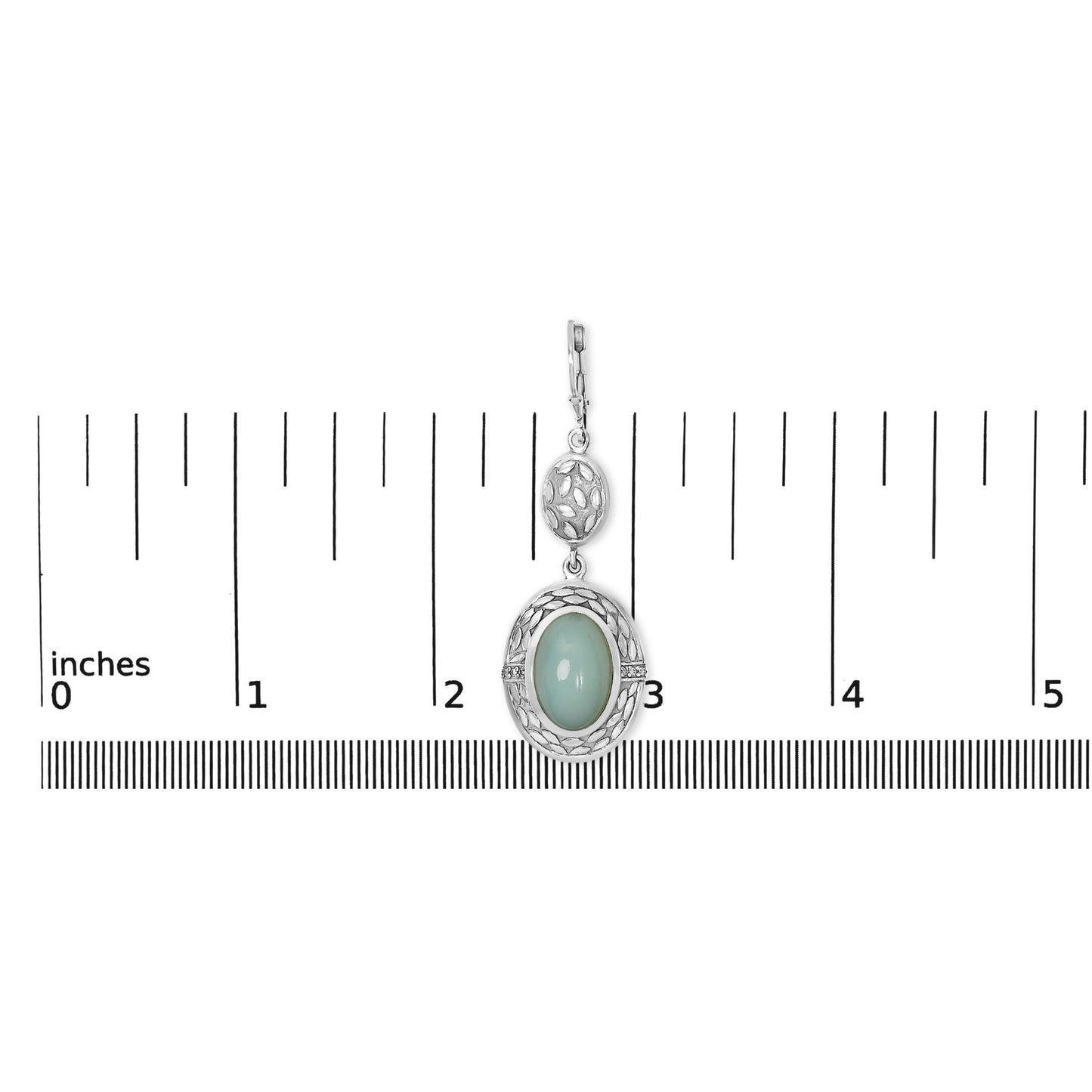 Close-up front view of a single white metal earring shown on a scale, featuring an oval gray gemstone with a bezel setting surrounded by an openwork design and small round white gemstones in a prong setting.