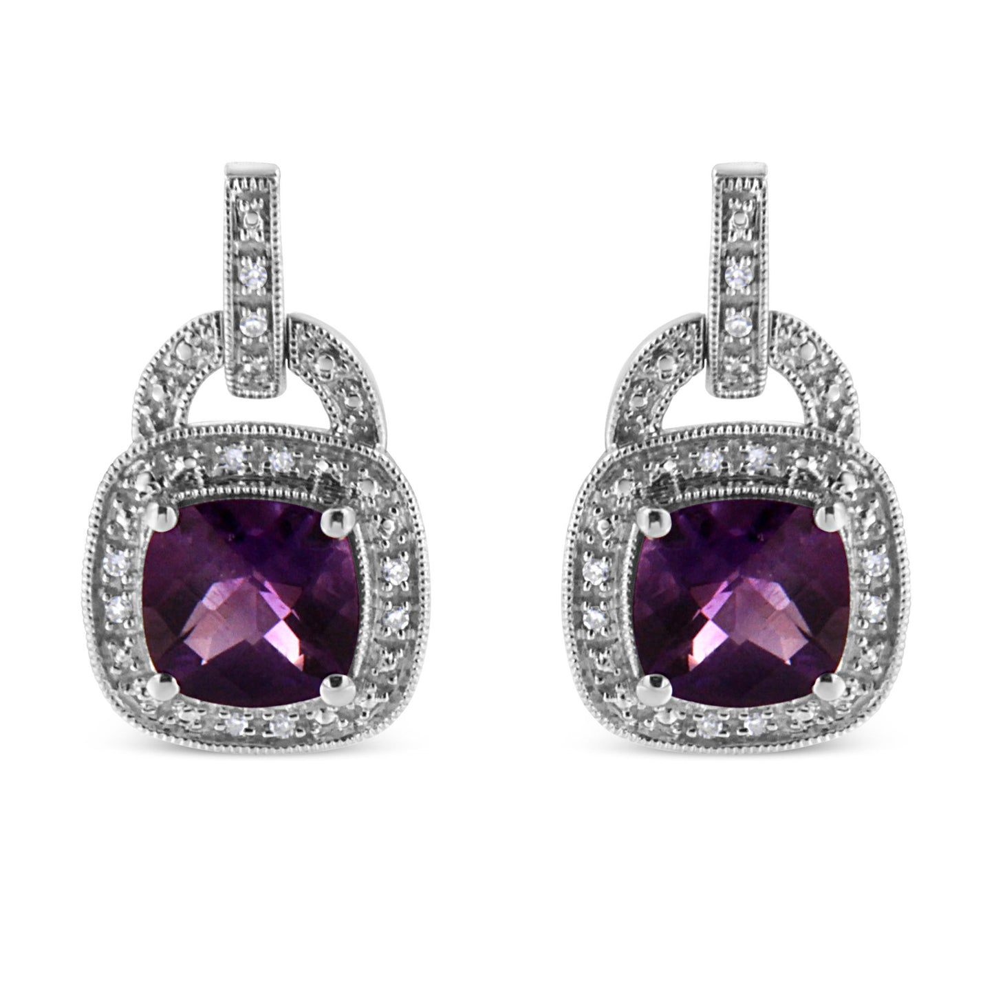Front view of white metal earrings with cushion-shaped purple gemstones surrounded by round white gemstones in pave setting.