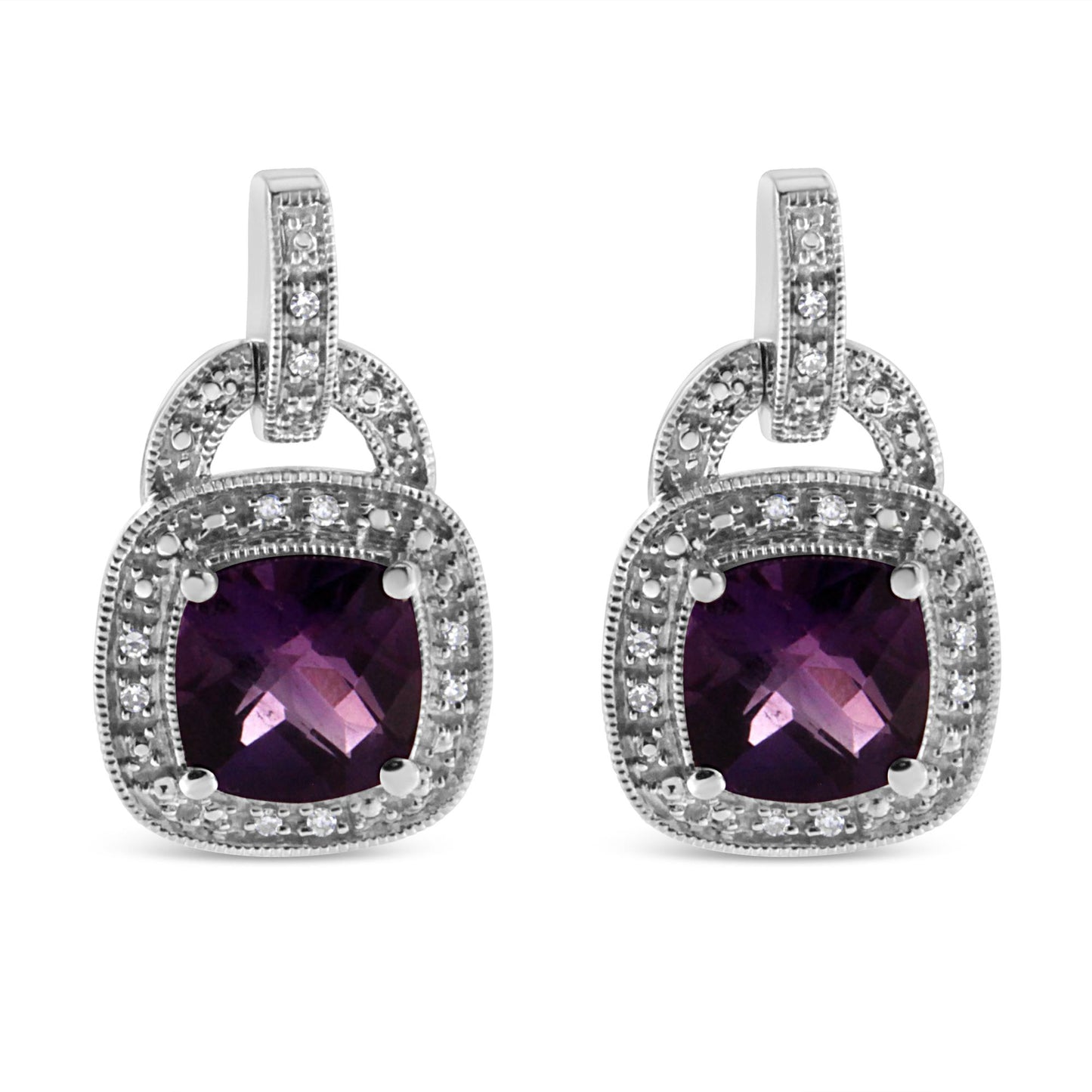 Front-facing close-up of a pair of white metal earrings featuring cushion-shaped purple gemstones in prong settings, surrounded by round white gemstones in pavé settings.