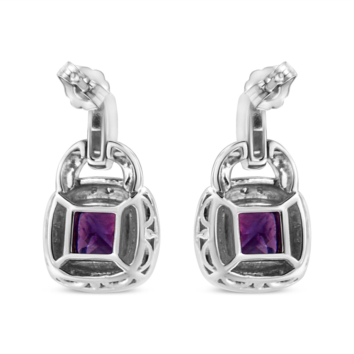 Front view of white metal earrings with cushion-shaped purple gemstones in the center, surrounded by pave-set round white gemstones.