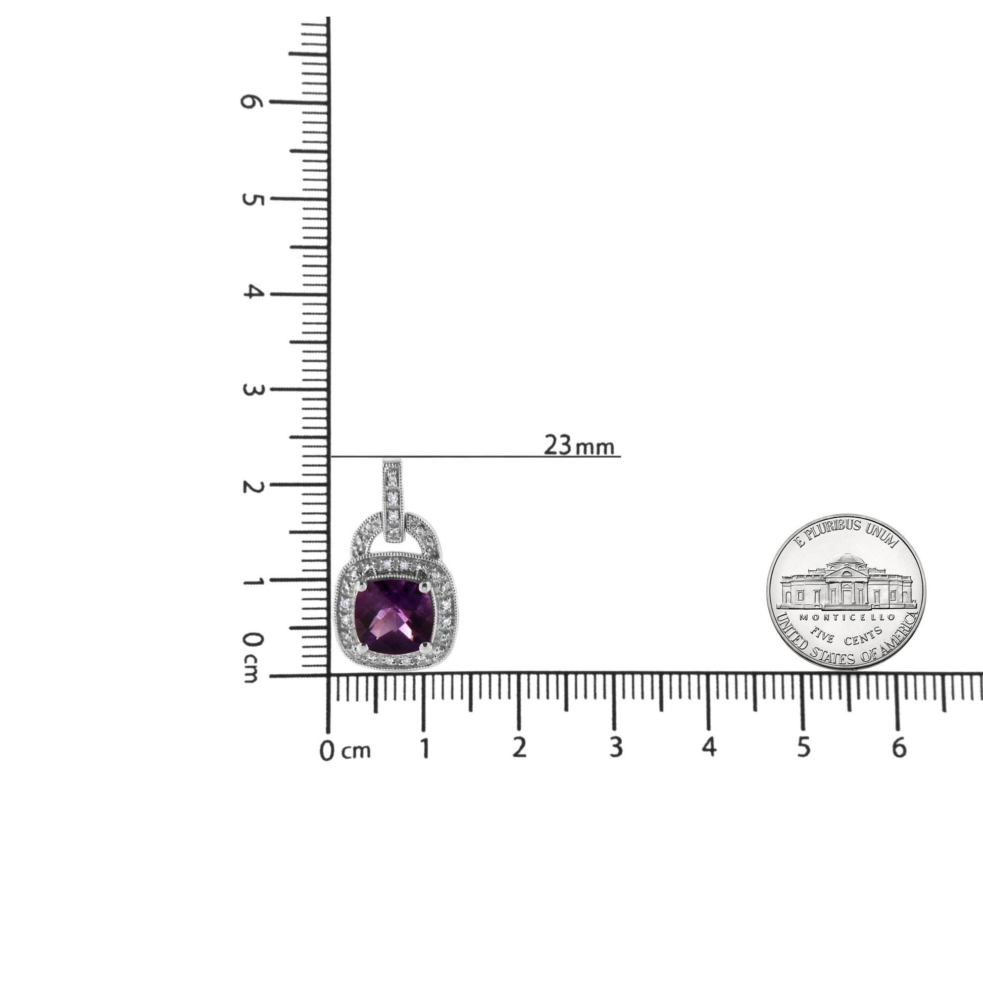 White metal earring with a cushion-shaped purple gemstone surrounded by round white gemstones in pave setting, shown on a ruler for size reference from a front angle.