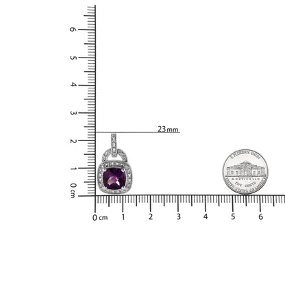 White metal earring with a cushion-shaped purple gemstone surrounded by round white gemstones in pave setting, shown on a ruler for size reference from a front angle.