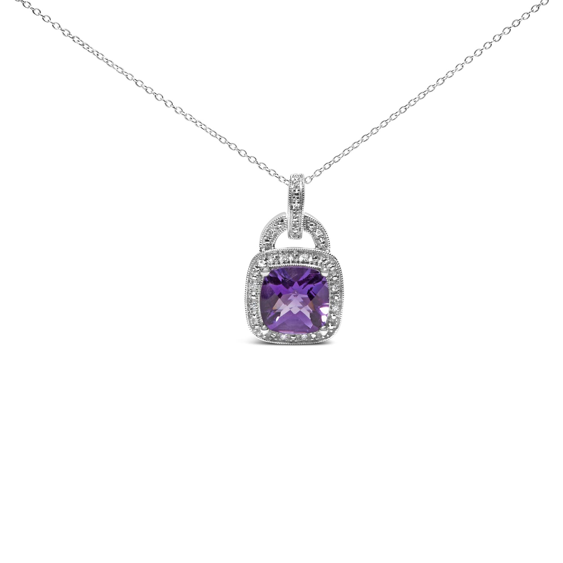 Front view of white metal necklace with a cushion-shaped purple gemstone pendant surrounded by small round white gemstones in a pave setting.