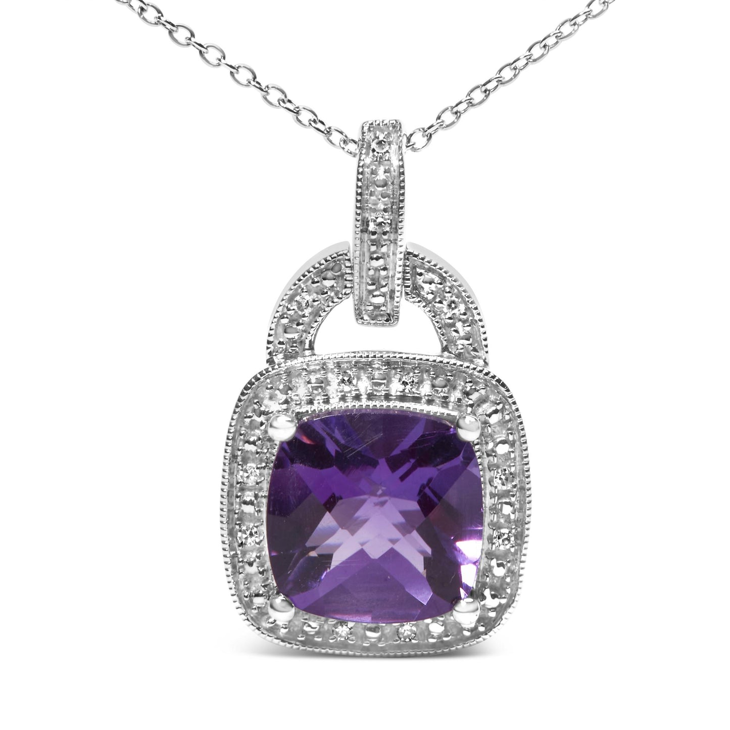 Close-up front view of a white necklace pendant featuring a cushion-shaped purple gemstone set in four prongs, surrounded by a square halo of round pave-set white gemstones.