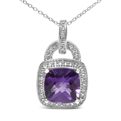 Close-up front view of a white necklace pendant featuring a cushion-shaped purple gemstone set in four prongs, surrounded by a square halo of round pave-set white gemstones.