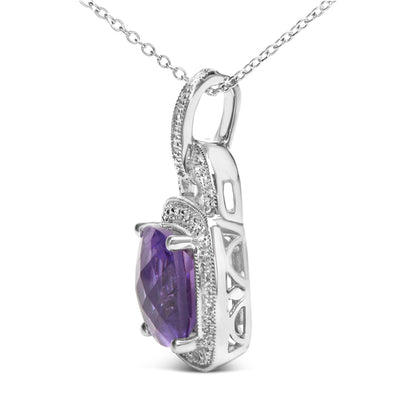 Close-up side angle of a white metal necklace pendant featuring a purple cushion-shaped gemstone in a four-prong setting, surrounded by small round white gemstones in a pave setting.