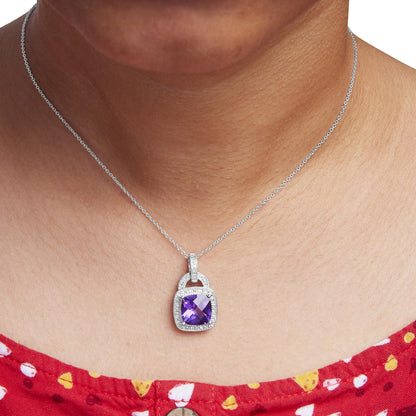 Close-up front view of a white metal necklace on a model, featuring a pendant with a purple cushion-shaped gemstone surrounded by small round white gemstones in a pave setting.