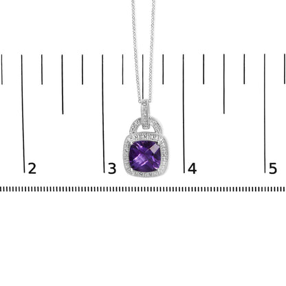 White metal necklace with cushion-shaped purple gemstone pendant surrounded by round pave-set white gemstones, photographed against a ruler for size reference from a front angle.